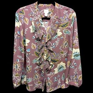 CHICO’S Floral Ruffled Long Sleeve Light Plum 3P